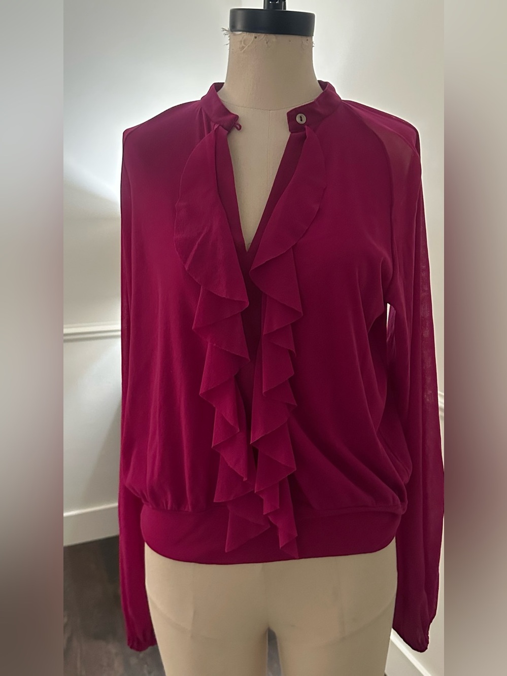 Ruffle-Front V-Neck Blouse in Magenta